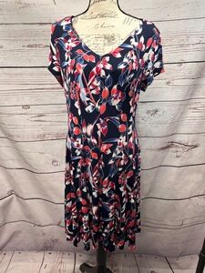 Roz Ali Navy‎ Blue Short Sleeve Floral V Neck A Line Dress Size 12